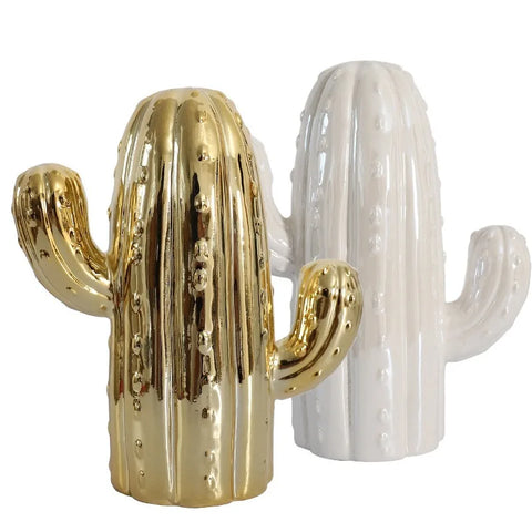 Weißer und goldener Kaktus aus Keramik für Innendekoration 19 cm