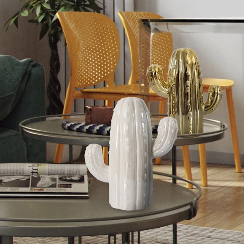 Weißer und goldener Kaktus aus Keramik für Innendekoration 19 cm