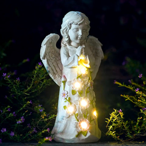 Statue Kind Engel mit Led außen 21 cm