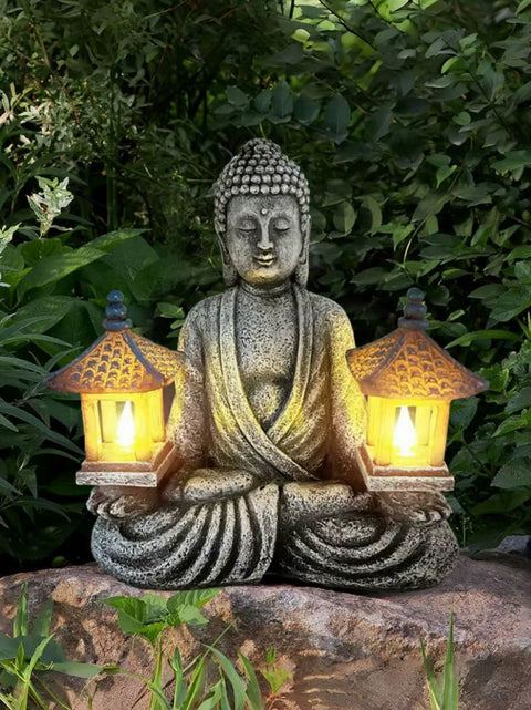 Statue Sitzender Buddha mit Leuchte für den Außenbereich 21 cm