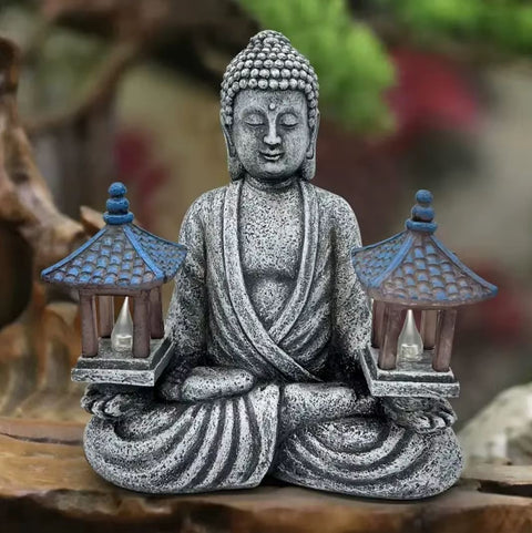 Statue Sitzender Buddha mit Leuchte für den Außenbereich 21 cm