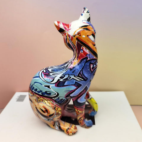 Sitzende Katzenstatue aus Graffitiharz, 20 cm