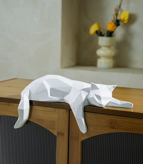 Statue liegende Katze Origami weiß 15cm