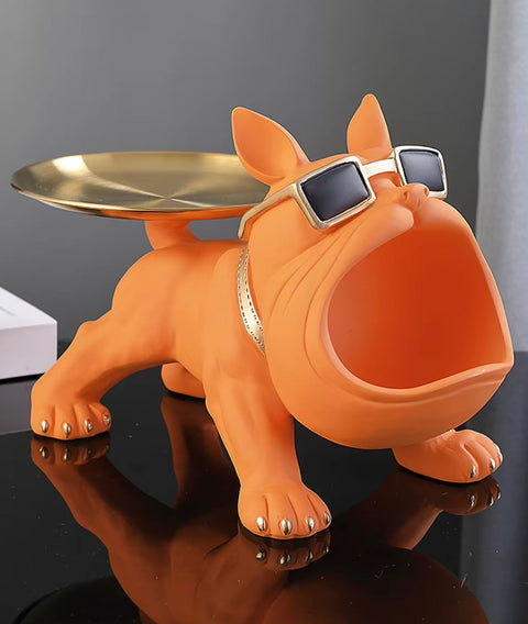 Orangefarbene Bulldoggen-Hundestatue mit Tablett 20 cm