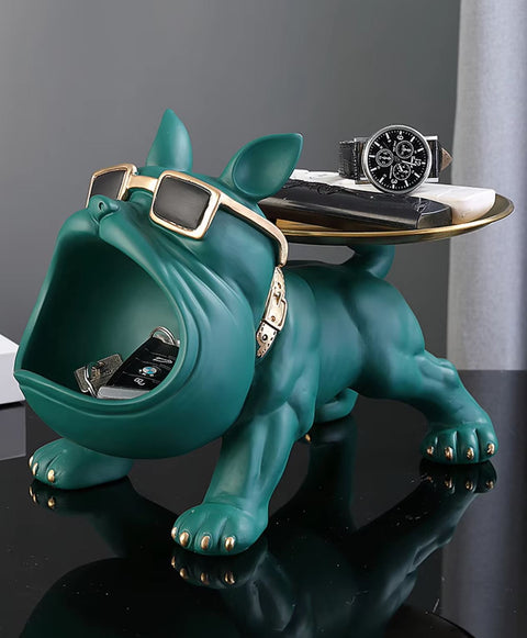 Grüne Bulldoggen-Hundestatue mit Tablett 20 cm