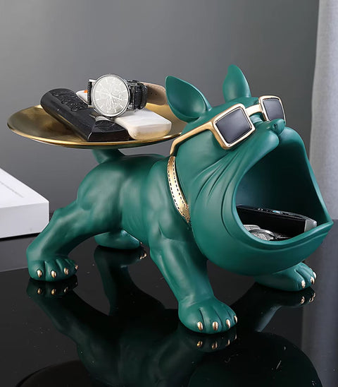 Grüne Bulldoggen-Hundestatue mit Tablett 20 cm