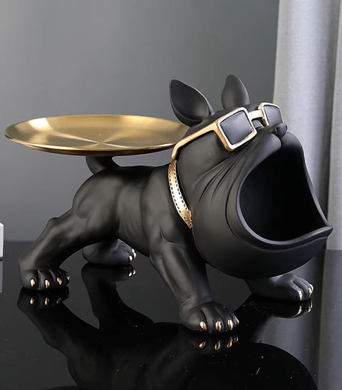 Schwarze Bulldoggen-Hundestatue mit Tablett 20 cm