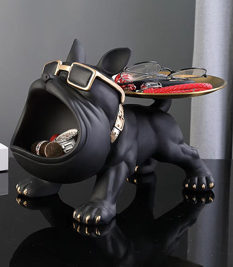 Schwarze Bulldoggen-Hundestatue mit Tablett 20 cm