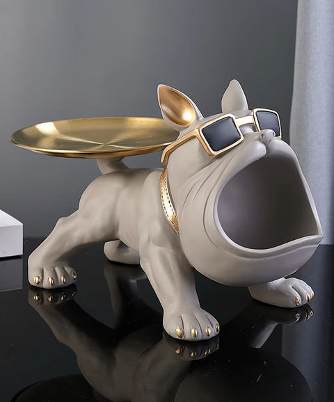 Graue Bulldoggenstatue mit Tablett 20 cm