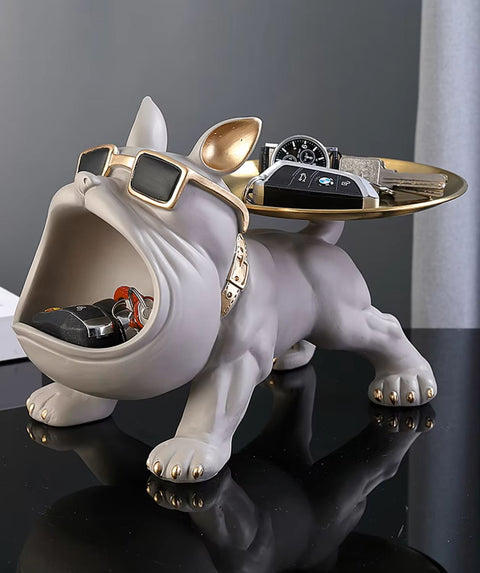 Graue Bulldoggenstatue mit Tablett 20 cm