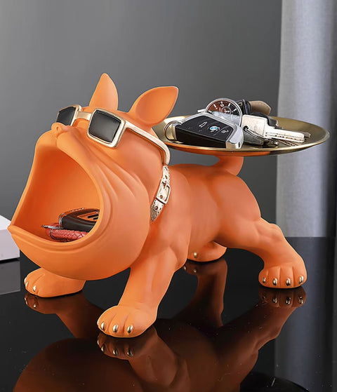 Orangefarbene Bulldoggen-Hundestatue mit Tablett 20 cm