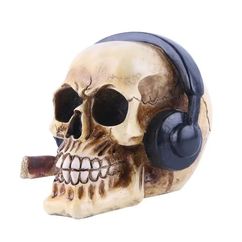 Totenkopf/Schädel-Statue mit Kopfhörern und Zigarre 14 cm