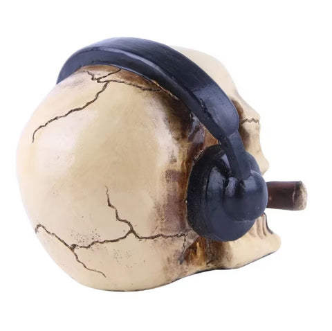 Totenkopf/Schädel-Statue mit Kopfhörern und Zigarre 14 cm