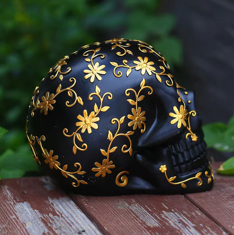 Schwarz-goldener mexikanischer Totenkopf / Totenkopf 14 cm