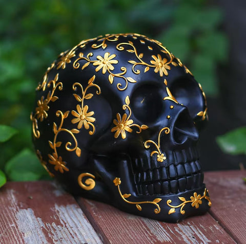 Schwarz-goldener mexikanischer Totenkopf / Totenkopf 14 cm