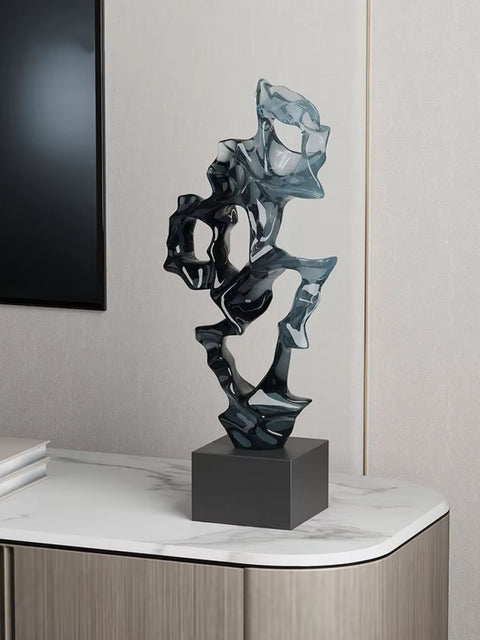 Abstrakte Skulptur aus Harz blau transparent 43 cm