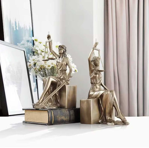Buchstützen in Form der Justitia-Statue aus Bronze – 2er-Set – 26 cm
