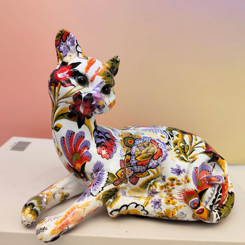 Liegende Katzenstatue aus Kunstharz, japanisches Muster, 14 cm