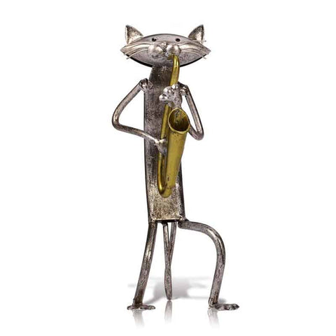 Saxophonist-Musiker-Katzenstatue aus Metall, 24 cm