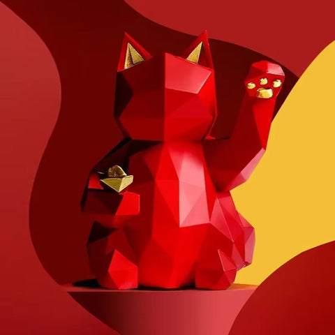 Rote Origami-Katzenstatue 24 cm