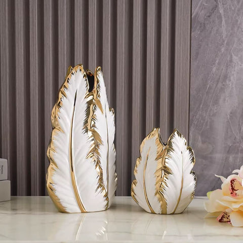 Vase Weiße und goldene Blätter aus Keramik 27 cm