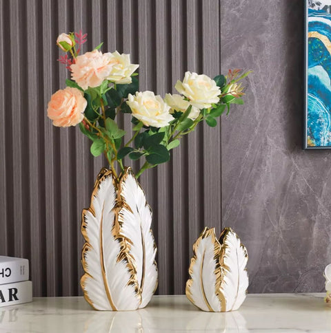 Vase Weiße und goldene Blätter aus Keramik 27 cm